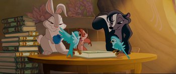 Movie still from “Enchanted” (2007), directed by Kevin Lima – A group of cartoon characters sitting around a table; Wide shot, High angle