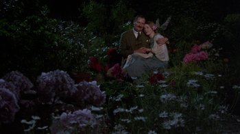 Movie still from “Enchanted April” (1991), directed by Mike Newell – A man and a woman sitting in a field of flowers at night; Wide shot, High angle