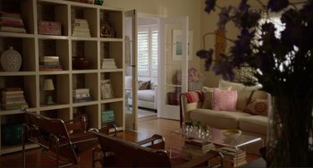 Movie still from “Enough Said” (2013), directed by Nicole Holofcener – A living room filled with furniture next to a door way; Wide shot, High angle