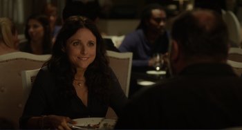 Movie still from “Enough Said” (2013), directed by Nicole Holofcener – A woman sitting at a table with a plate of food; Medium shot, Over the shoulder angle