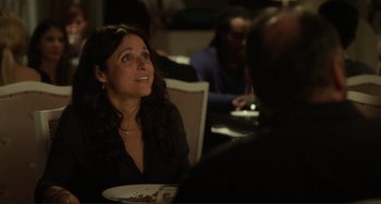 Movie still from “Enough Said” (2013), directed by Nicole Holofcener – A woman sitting at a table with a plate of food; Close Up shot, Over the shoulder angle