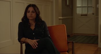 Movie still from “Enough Said” (2013), directed by Nicole Holofcener – Julia louis - dreyfus sitting on a chair in a living room; Medium shot, Over the shoulder angle