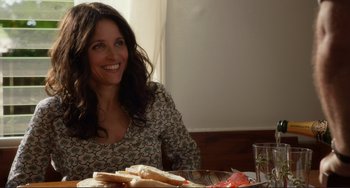 Movie still from “Enough Said” (2013), directed by Nicole Holofcener – A woman sitting at a table with a plate of food in front of her; Close Up shot, Over the shoulder angle
