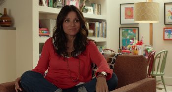 Movie still from “Enough Said” (2013), directed by Nicole Holofcener – A woman sitting on a couch in a living room; Medium shot, Over the shoulder angle