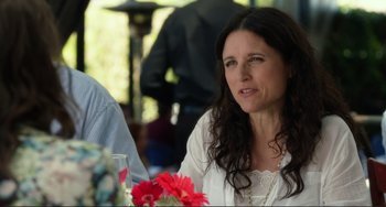 Movie still from “Enough Said” (2013), directed by Nicole Holofcener – A person sitting at a table; Close Up shot, Over the shoulder angle
