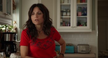 Movie still from “Enough Said” (2013), directed by Nicole Holofcener – A woman standing in a kitchen wearing a red shirt; Medium shot, Over the shoulder angle