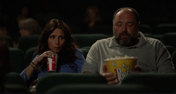 Movie still from “Enough Said” (2013), directed by Nicole Holofcener – A man and a woman sitting in a movie theater eating popcorn; Medium shot, High angle