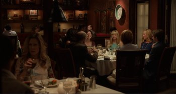 Movie still from “Enough Said” (2013), directed by Nicole Holofcener – A group of people sitting around a table at a restaurant; Wide shot, Over the shoulder angle