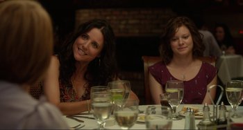 Movie still from “Enough Said” (2013), directed by Nicole Holofcener – Two women are sitting at a table with wine glasses; Medium shot, Over the shoulder angle