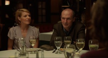 Movie still from “Enough Said” (2013), directed by Nicole Holofcener – A man and a woman sitting at a dinner table; Medium shot, Over the shoulder angle