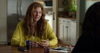 Movie still from “Enough Said” (2013), directed by Nicole Holofcener – A woman sitting at a table talking to someone; Medium shot, Over the shoulder angle