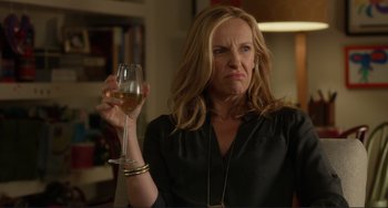 Movie still from “Enough Said” (2013), directed by Nicole Holofcener – A woman holding a glass of wine in her hand; Close Up shot, Over the shoulder angle