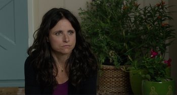 Movie still from “Enough Said” (2013), directed by Nicole Holofcener – A person sitting in front of a potted plant; Close Up shot, Over the shoulder angle