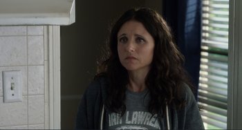 Movie still from “Enough Said” (2013), directed by Nicole Holofcener – A woman with long curly hair wearing a gray sweatshirt; Close Up shot, Over the shoulder angle