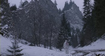 Movie still from “Essential Killing” (2010), directed by Jerzy Skolimowski – A person in a snow suit walking in the snow; Extreme Wide shot, High angle
