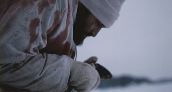 Movie still from “Essential Killing” (2010), directed by Jerzy Skolimowski – A bearded man wearing a white hat holding a bird in his hand; Extreme Close Up shot, Over the shoulder angle