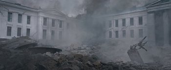 Movie still from “The Quake” (2018), directed by John Andreas Andersen – A building that has been destroyed by a fire; Extreme Wide shot, Low angle