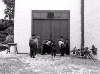 Movie still from “Even Dwarfs Started Small” (1970), directed by Werner Herzog – A black and white photo of a group of people standing in front of a door; Wide shot, High angle