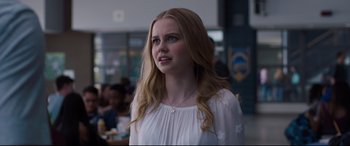 Movie still from “Every Day” (2018), directed by Michael Sucsy – A woman with long blonde hair wearing a white shirt; Close Up shot, Over the shoulder angle