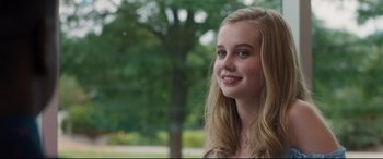 Movie still from “Every Day” (2018), directed by Michael Sucsy – A young blonde girl is smiling for the camera; Close Up shot, Over the shoulder angle