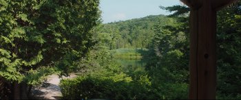 Movie still from “Every Day” (2018), directed by Michael Sucsy – A lake surrounded by a forest filled with trees; Extreme Wide shot, High angle