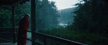 Movie still from “Every Day” (2018), directed by Michael Sucsy – A view of a lake through a window with trees in the background; Extreme Wide shot, High angle