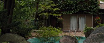 Movie still from “Every Day” (2018), directed by Michael Sucsy – A house in the middle of a forest with a pool in front of it; Extreme Wide shot, High angle