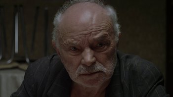 Movie still from “Everything Is Illuminated” (2005), directed by Liev Schreiber – An old man with a beard and a mustache; Close Up shot, Low angle