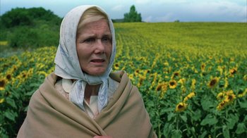 Movie still from “Everything Is Illuminated” (2005), directed by Liev Schreiber – An older woman wearing a scarf in front of a field of sunflowers; Close Up shot, Low angle