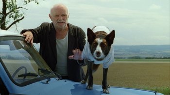 Movie still from “Everything Is Illuminated” (2005), directed by Liev Schreiber – An old man and a dog standing on top of a car; Medium shot, Low angle