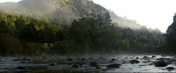 Movie still from “Evil Dead” (2013), directed by Fede Alvarez – A body of water surrounded by trees and a forest; Extreme Wide shot, Low angle