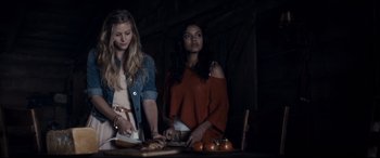 Movie still from “Evil Dead” (2013), directed by Fede Alvarez – Two young women preparing food in a dark room; Medium shot, Low angle