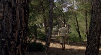 Movie still from “Evil Under the Sun” (1982), directed by Guy Hamilton – An old man walking through the woods with a cane; Wide shot, High angle