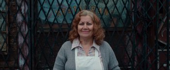 Movie still from “Extremely Loud & Incredibly Close” (2011), directed by Stephen Daldry – A woman wearing an apron standing in front of a restaurant; Close Up shot, Over the shoulder angle