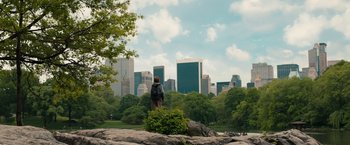 Movie still from “Extremely Loud & Incredibly Close” (2011), directed by Stephen Daldry – A person with a backpack is looking at a city skyline; Extreme Wide shot, High angle