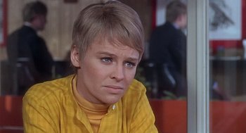 Movie still from “Fahrenheit 451” (1966), directed by François Truffaut – A woman with short blonde hair wearing a yellow shirt; Close Up shot, Over the shoulder angle