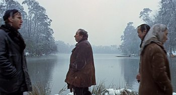 Movie still from “Fahrenheit 451” (1966), directed by François Truffaut – A man standing in front of a body of water; Wide shot, High angle