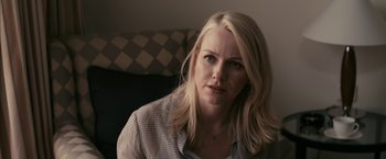 Movie still from “Fair Game” (2010), directed by Doug Liman – A woman sitting on a couch looking at the camera; Close Up shot, Over the shoulder angle