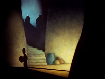 Movie still from “Fantasia” (1940), directed by Ford Beebe Jr. – A cat sitting on the steps of a staircase in the dark; Extreme Wide shot, Low angle