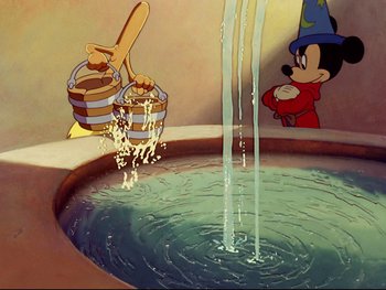 Movie still from “Fantasia” (1940), directed by Ford Beebe Jr. – A painting of mickey mouse and goofy in a pool of water; Medium shot, High angle