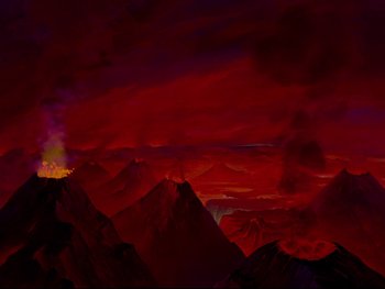 Movie still from “Fantasia” (1940), directed by Ford Beebe Jr. – A painting of a red sky and mountains; Extreme Wide shot, High angle