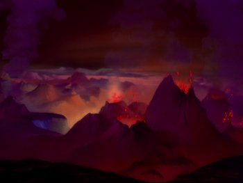 Movie still from “Fantasia” (1940), directed by Ford Beebe Jr. – A painting of a mountain range with lava coming out of it; Extreme Wide shot, High angle