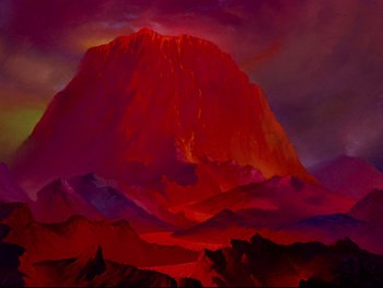 Movie still from “Fantasia” (1940), directed by Ford Beebe Jr. – An oil painting of a mountain with a red sky in the background; Extreme Wide shot, Low angle