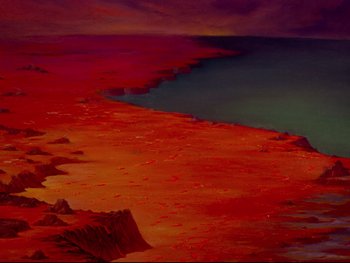Movie still from “Fantasia” (1940), directed by Ford Beebe Jr. – An oil painting of a red beach with a body of water in the background; Extreme Wide shot, High angle