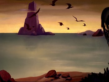 Movie still from “Fantasia” (1940), directed by Ford Beebe Jr. – A painting of birds flying over a body of water at sunset; Extreme Wide shot, Low angle
