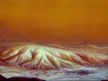 Movie still from “Fantasia” (1940), directed by Ford Beebe Jr. – An oil painting of a desert with a person standing on top of it; Extreme Wide shot, Overhead angle