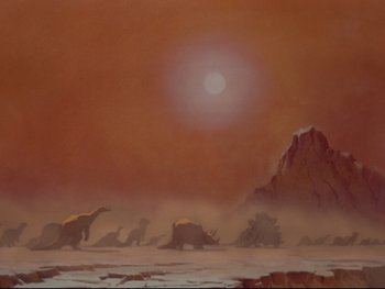 Movie still from “Fantasia” (1940), directed by Ford Beebe Jr. – A painting of a group of animals walking across a river; Extreme Wide shot, High angle