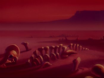 Movie still from “Fantasia” (1940), directed by Ford Beebe Jr. – An image of an alien landscape with a mountain in the background; Extreme Wide shot, High angle