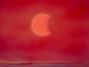 Movie still from “Fantasia” (1940), directed by Ford Beebe Jr. – A red sky with the sun in the middle of it; Extreme Wide shot, Low angle