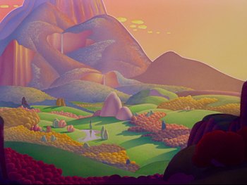 Movie still from “Fantasia” (1940), directed by Ford Beebe Jr. – A painting of a mountain and a pond; Extreme Wide shot, High angle